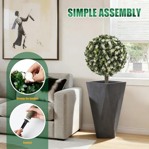 Set of 2 Artificial Topiary Balls with Flowers, 21" UV-Resistant Faux Evergreen Shrubs with Ground Spikes — Festive Outdoor and Indoor Holiday Décor Plants for Porch, Patio, and Garden - color: Green and White Flowers