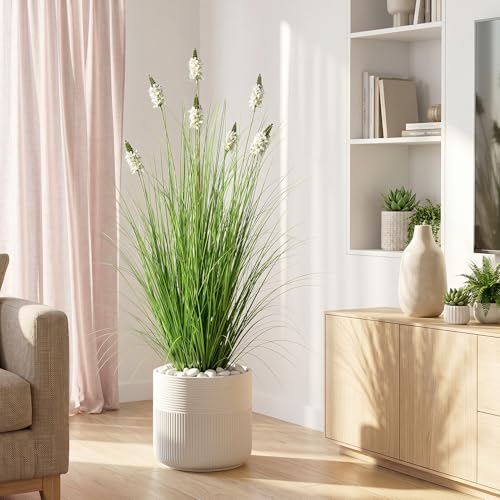 Artificial Plants Indoor 47in - Fake Grass with Hyacinth Flowers, 4FT Fake Plants with Pot for Outdoor, Faux Tall Grass Greenery for Porch Wedding Decorative, Housewarming Gifts, White(2Pack) - color: 1.2m White2