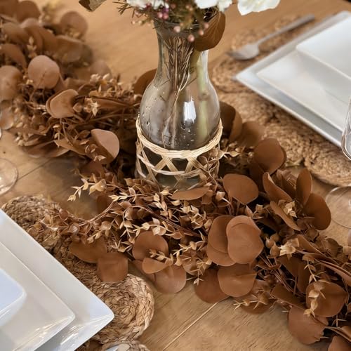 CQURE 3Pcs Eucalyptus Garland,Artificial Eucalyptus Leaves Table Greenery Garland Wreath Vines for Wedding Party Table Fireplace Bedroom Wall Room Decor - size: 17.7 Ft-Brown