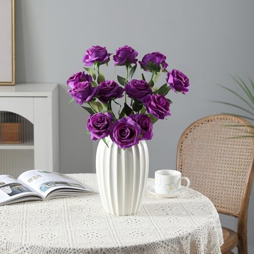 Tifuly Purple Roses Artificial Flowers - 12 pcs Realistic Single Long Stem Fake Silk Roses Bouquet for Party Home Wedding Centerpiece Office DIY Decor - color: Purple