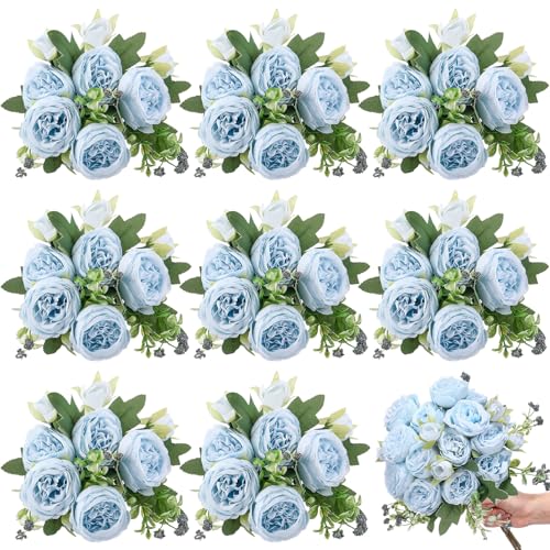 8 Bundles Artificial Peonies Flowers Boho Faux Flowers Arrangements Artificial Centerpiece Spring Bouquet Floral Wedding Decoration for Vase(Blue) - color: Blue