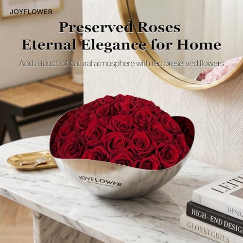 JoyFlower Preserved Flowers Decor, Eternal Roses in Stainless Steel Bowl Decors for Table Centerpiece, Forever Flowers Decorations for Home Living Room Bedroom Coffee Shop House Office(Small, Red) - color: Red, size: Small