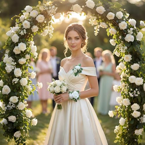 Elegant Corsage and Boutonniere Set, Artificial Rose Wrist Corsage with Pearl Bracelet & Men's Lapel Pin, Matching Faux Flowers for Prom, Homecoming, Wedding, Bride and Groom - color: White