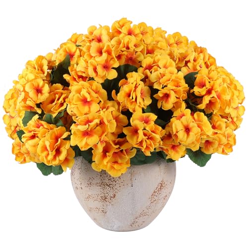 Hananona 12 Pcs Artificial Geranium Flowers for Outdoors Geranium Silk Flowers Outdoor UV Resistant Garden Plants Faux Flowers for Home Kitchen Table Centerpieces Decor (12, Yellow) - color: Yellow