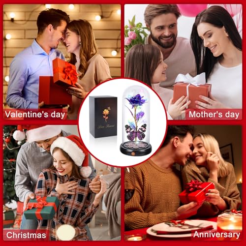 Mothers Day Rose Gifts for Mom Birthday Gift for Women, Rechargeable Galaxy Glass Rose in Glass Dome Crystal Roses Butterfly Mother's Day Flowers Gifts for Women Mom Wife Grandma Daughter, Purple - color: USB-B Purple