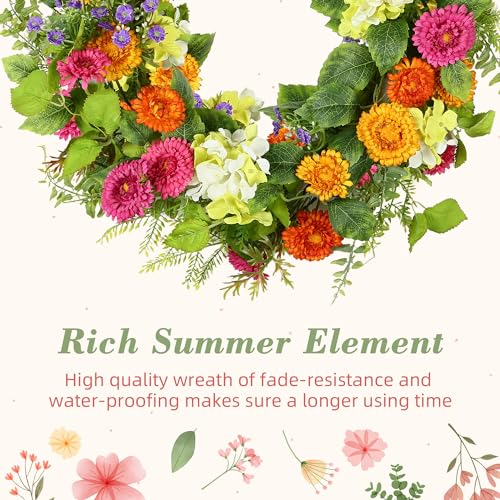 YNYLCHMX 20" Spring Summer Wreaths for Front Door, Artificial Floral Wreath with Daisy Flowers Green Tea Leaves, Green Foliage Wreath for Wall Window Farmhouse Party Holiday Home Decor - color: Colorful Daisies