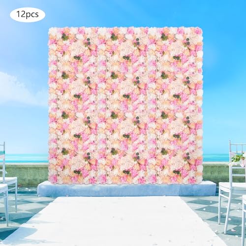 12 Pcs Artificial Flower Wall Panels Silk Dahlia Rose 3D Faux Flower Backdrop Panels Background Decorative for Wedding Celebrations Festive Party Home, 23.62 * 15.74in (Pink-2) - color: Pink-2