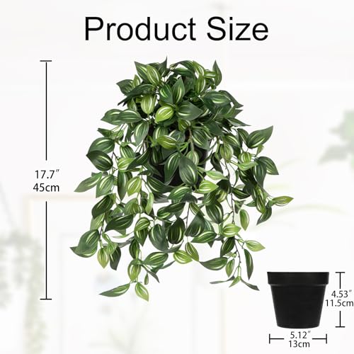 Briful Artificial Hanging Plants in Black Pot 17.7" Lifelike Trailing Faux Watermelon Peperomia Silk Plant with Cascading Green Leaves Fake Hanging Greenery for Indoor & Outdoor Home Garden Décor - color: Green