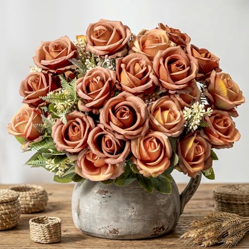 Fake Roses Burnt Orange Roses Artificial Roses Silk Roses Artificial Roses with Stems 24 Full Flower Heads Faux Roses for Outdoor Indoor Centerpieces home Wedding Farmhouse Decoration No Vase(4PCS) - color: Burnt Orange 4pcs