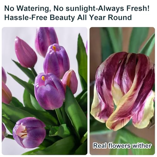 Bailikang 20PCS Fake Tulips 12' Artificial Tulip Silk Flowers Fake PU Bouquet Artificial Flowers Faux Flowers with Gift Box Soft Faux Tulips Bouquets Arrangements for Party Wedding Home - color: Purple