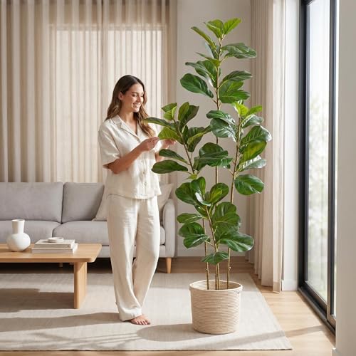 Warmplants 6ft Tall Artificial Fiddle Leaf Fig Tree with White Planter, Faux Ficus Lyrata Tree for Indoor Home Office Living Room Decor - color: Fiddle, size: 6ft