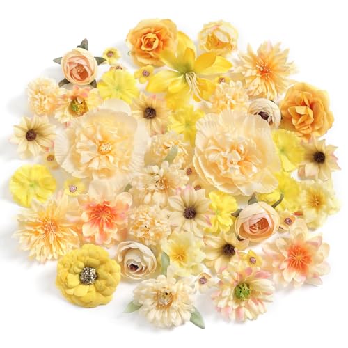 Artificial Flower Heads Combo - 48pcs Yellow Silk Flowers Bulk Faux Rose for Wedding Decor, Bridal Bouquets, Graduation Parties, Cake Toppers & Home DIY Crafts - color: Yellow 1