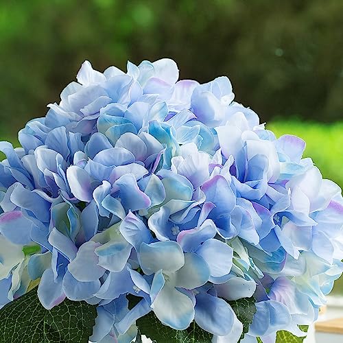 ENOVA FLORAL Silk Hydrangea Artificial Flowers in Vase with Faux Water, Silk Flower Arrangements in Vase for Home Decor, Wedding Table (Blue) - color: Blue