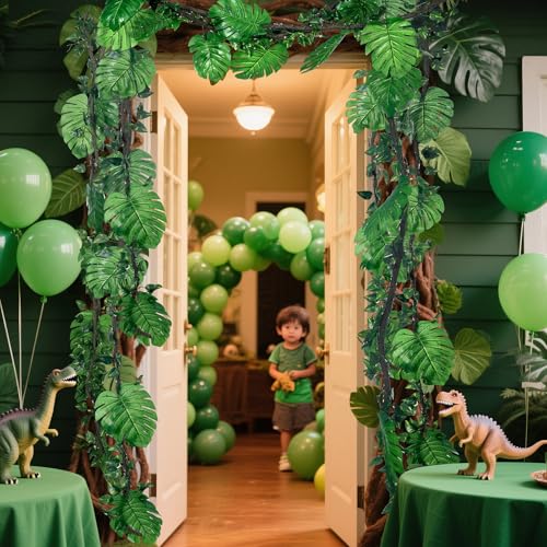 Preboun 34 Pcs Jungle Vines Rainforest Party Decorations 10 ft Artificial Rattans with Palm Leaves Fake Ivy Vines Tropical Rainforest Safari Decor for Forest Jungle Dinosaur Party Indoor Outdoor