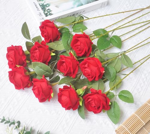 Kenpal Realistic Fake Roses Artificial Flowers with Stem for Decoration Floral Arrangement Centerpieces Wedding Bouquets (10, Red) - color: Red
