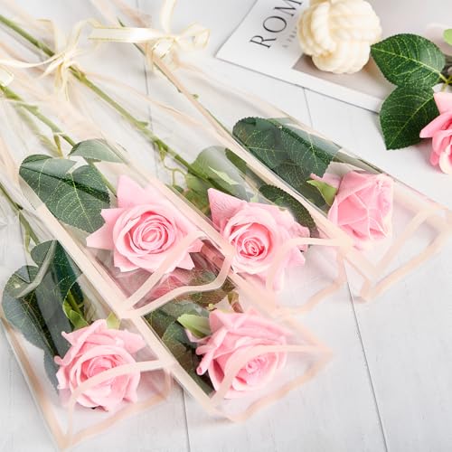 Mauproy 100Pcs Single Rose Sleeves with Pink Edges, Single Flower Bags with Ribbons Plastic Flower Wrap for Graduation, Flower Bars, Florist Supplies - color: Pink Edges