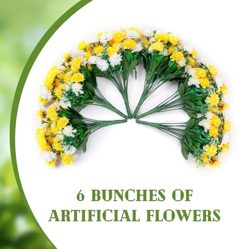 Ammyoo Artificial Flowers for Outdoors Decoration, 6 Bundles Silk Marigold Flower UV Resistant Look Real Faux Plants for Garden Porch Planter Patio Balcony Yard Home Decor (Yellow White) - color: Yellow White