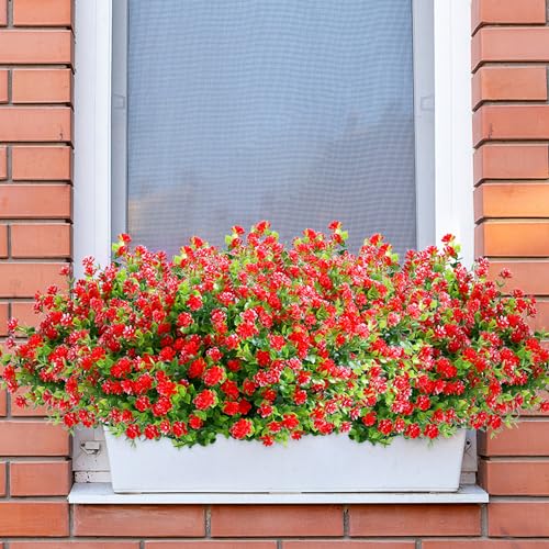 SITUMEIZI 8 Bundles Red Artificial Flowers Outdoor Fake Flower Plastic UV Resistant Shrubs Greenery Plants Hanging Decorations Garden Porch Window Box Farmhouse Outside Summer Indoor Decor - color: Red