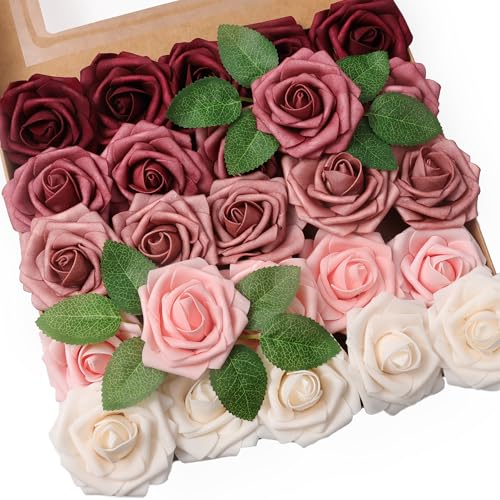 25pcs Artificial Flower，Real Looking Foam Roses w/Stem for DIY Wedding Bouquets Centerpieces Bridal Shower Party Decor-Shades of Burgundy - color: Shades of Burgundy