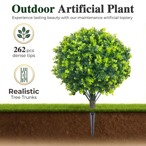 PATIO CHOICE Topiary Trees Artificial Outdoor Boxwood Ball Trees with Ground Spike Set of 2 22" Fake Outdoor Plants Faux Bushes and Shrubs Decorations for Outdoor Indoor Front Porch Garden - color: Green, size: 22in