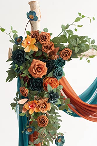 Ling's moment Teal Orange Artificial Wedding Arch Flowers Kit | Pack of 4, 2pcs Hanging Flower Arrangement, 2pcs Chiffon Drapes, Fake Rose, Fall Ceremony Reception Arbor Backdrop Decoration - color: Or-dark Teal & Burnt Orange