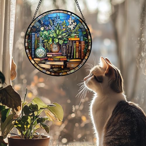 Stained Glass Window Hanging Teal Flower Vintage Books Large 11.8" - Blue Suncatcher Door Garden Sun Catcher Home Decor Birthday Christmas for Mom Men Woman Nana Friend - color: Blue and Brown, size: 11.8x11.8 IN