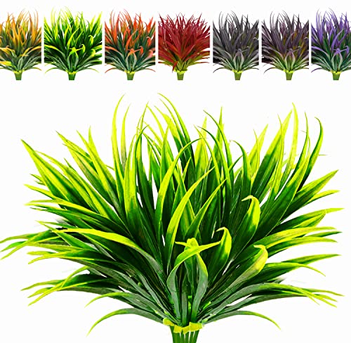 8 Pcs Outdoor Fake Plants UV Resistant Artificial Tropical Plants Flowers Faux Garden Grass Plants Décor Fall Winter Summer Planters Patio Front Door Porch Plastic Bushes & Shrubs Decoration - color: Green, size: 8pcs