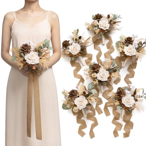 Ling's moment Artificial Bridesmaid Bouquets Set of 6,Brown Wedding Flower Bouquets Floral Bouquet Bridal Bouquets with Ribbon Ceremony Anniversary,7-inch Diameter - color: Brn-brown & Beige