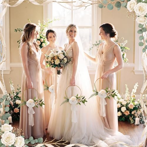 XunYee Set of 6 Bridesmaid Bouquets for Wedding 7.5 Inch Wedding Floral Hoop Wreath Artificial Flower Bouquet for Party Ceremony Anniversary Dinning Table Centerpieces Decor(Champagne,Elegance) - color: Champagne, style: Elegance