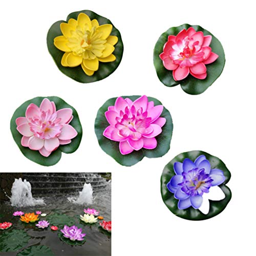 5Pcs Lily Pads for Ponds, Artificial Lotus- Water Lily Pads Leaves & Floating Foam Lotuses for Garden Fish Pond Aquarium Pool Wedding Decor