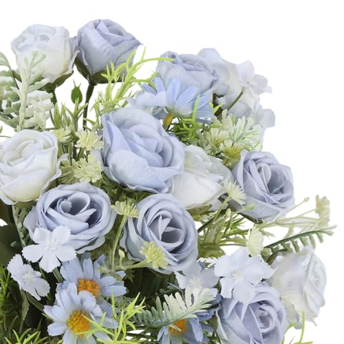 3 Pack Artificial Flowers Bouquet Fake Flowers Plants Blue Faux Flower Arrangements for Wedding Home Centerpieces Decor - color: Blue