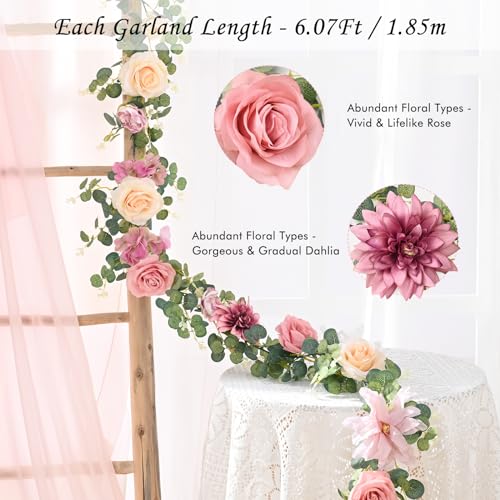 Waipfaru Flower Garland Decorations, 6.07Ft Pink Floral Rose Garland, Artificial Eucalyptus Greenery Vines with Flowers for Wedding Table Runner Centerpieces Backdrop Room Decor (Pink) - color: Dusty Pink-6.07ft, size: 1 Pack