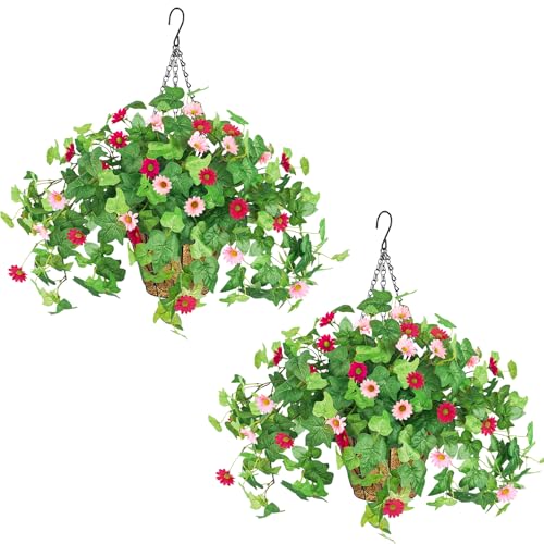 Krissing 2 Pack Artificial Hanging Flowers with Baskets for Outdoors UV Resistant Faux Ivy Plants Greenery Fake Silk Daisy Flowers for Outdside Porch Balcony Summer Home Decor (Rose Red, Pink) - color: Hot Pink+pink, size: 6pcs with 2 baskets