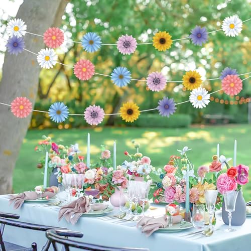4PCS Flower Ceiling Decorations, Hanging Flowers Garland Spring Daisy Baby Shower Decorations for Girl Birthday Paper Floral Garland for Garden Fairy Tea Party Office Classroom Summer Decorations