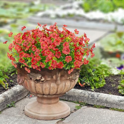 LikSoor 16 Bundles Artificial Flowers Outdoor Spring Summer Decoration Fake Silk Colorful Daisy Eucalyptus Realistic UV Resistant Outside Faux Plants for Garden Porch Window Box Home Decor(Red) - color: Red