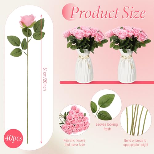 Hotop 40 Pcs Rose Artificial Flowers Bulk with Long Stem,Realistic Silk Fake Roses Bouquet for Home Wedding Centerpieces Party Table Decoration Valentines Gifts(Pink) - color: Pink