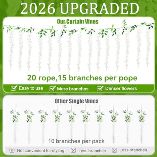 300 Branches Wisteria Hanging Flowers,20Pcs Total 120ft White Wisteria Artificial Flowers Garland Vine Silk Hanging Flowers for Wedding Party Arch Ceremony Garden Home Backdrop Decor - color: White, size: 20