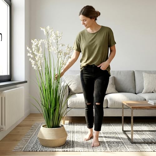 Ttranewsoo Artificial Tall Grass Plants with Pots 47“ 1 Pack Lily of The Valley Artificial Grass Home Interior Decorating and Outdoor Garden Decorations（White） - color: White-1pcs
