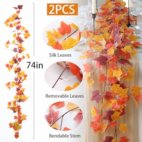 Mizii 2 Strands Artificial Vines Fall Ivy Garland 74" Fake Vine with Silk Leaves Faux Hanging Plants Greenery Decoration for Outdoors Wedding Party Indoor Bedroom Home Wall Room Fall Decor (Fall) - color: Fall