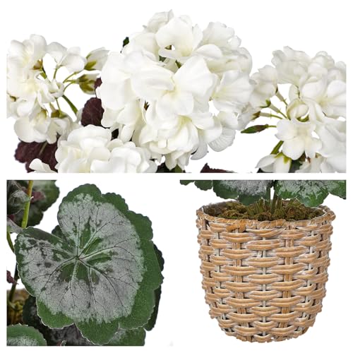 Briful Artificial White Geranium Flowers in Woven Basket, 14.5’’ Tall Silk Flower Arrangement, Realistic Geraniums Artificial Outdoor Plants for Home Indoor Farmhouse Table Wedding Centerpiece Decor - color: 14.5'' Tall White, Woven Basin