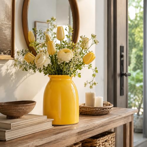 hjn Yellow Ceramic Vase Modern Minimalist Table Centerpiece, Round Smooth Flower Holder for Living Room, Shelf, Mantel, Wedding & Home Decor-8.3" H - color: Yellow-8.5inch