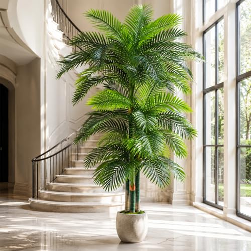 10ft Tall Triple Golden Cane Palm Artificial Tree Large Tropical Palm Tree UV Resistant Fake Plant in Pot for Indoor Outdoor Big House Living Room Outside Patio Office Home Decor 1Pack - size: 10ft