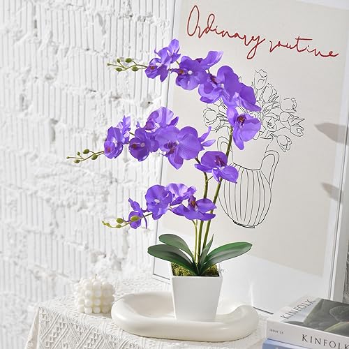 Faux Orchid in Vase Large Artificial Orchid in Ceramic Vase Silk Orchids with Stems Real Look Potted Phalaenopsis Flowers Arrangement Centerpiece Table Decorations for Home Decor Indoor, Purple - color: Y-purple