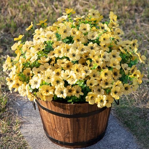 HyeFlora Artificial Fall Flowers Faux Mums for Outdoor Indoor Garden Home Decoration, Faux Flower Daisy with Eucalyptus Leaves Fake Plants Greenery Boxwood Porch Patio, 12 Bundles (Yellow) - color: Yellow