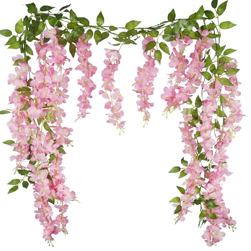 CISDUEO 2 Pcs Wisteria Hanging Flowers Wisteria Flowers Vine Garland Wedding Arch Decoration Pink Artificial Wisteria Vines Hanging Flower Vines Silk for Party Garden Home Table Backdrop 6 Feet - color: Pink