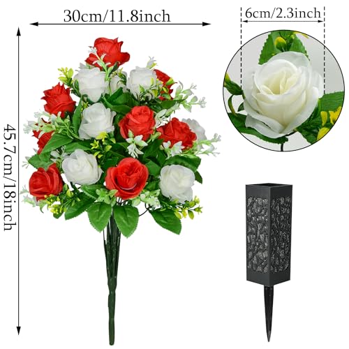 Artificial Cemetery Flowers, Set of 2 Grave Memorial Flowers with Vase, Artificial Rose Bouquet for Cemetery Headstones Gravesites Decoration (Red & White) - color: Red & White