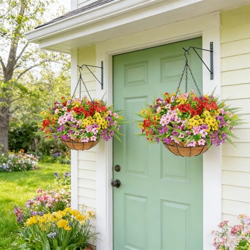 Elyum 2 Pack Artificial Hanging Flowers for Outdoors, UV Resistant Fake Flowers with Hanging Baskets, Artificial Flowers for Decoration Outdoors Garden, Spring Decor for Patio Porch(Mixed Color) - color: Red Pink Yellow Green, size: 2 Pack