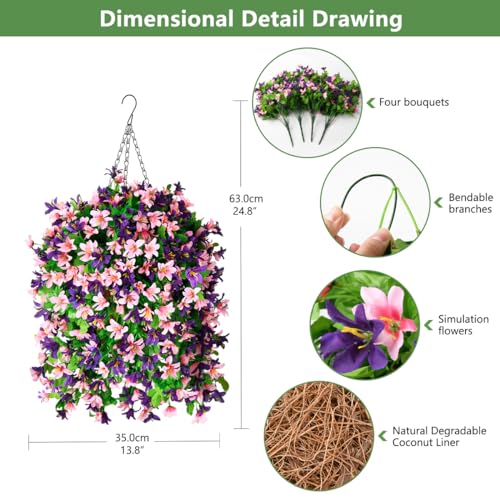 INQCMY Artificial Hanging Flowers in Basket for Outdoor Spring Summer Decoration,4pcs Faux Silk Violet in Planter UV Resistant for Outside Home Patio Garden Porch Deck Decor(Pink Purple) - color: Pink Purple