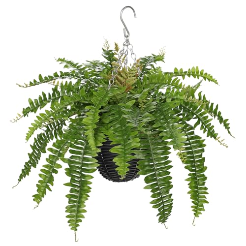 Hollyone Artificial Fern Hanging Basket Plant 25" Boston Ferns 31 Leaves Greenery Plants with Rattan Pot for Outdoors & Indoor Fake Fern Bush Plant in Pot for Patio Entrance Porch Garden Decor Green - color: Hanging Basket - Green Medium 2