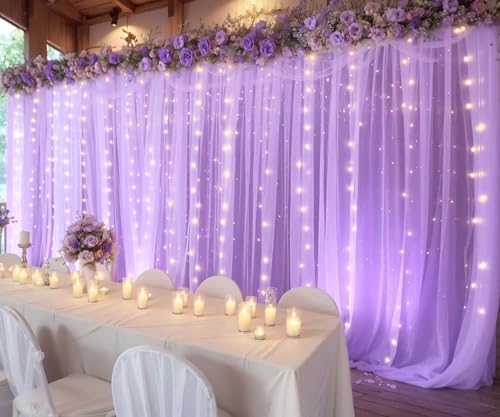 Lavender Tulle Backdrop Curtain with Led Lights for Wedding Baby Shower Girls 10ft X 8ft Lilac Lavender Sheer Backdrop Curtain for Birthday Party Bridal Shower Photoshoot Background Decorations - color: Lavender, size: 10 ft X 8 ft(2 Panels 5ft X 8ft)